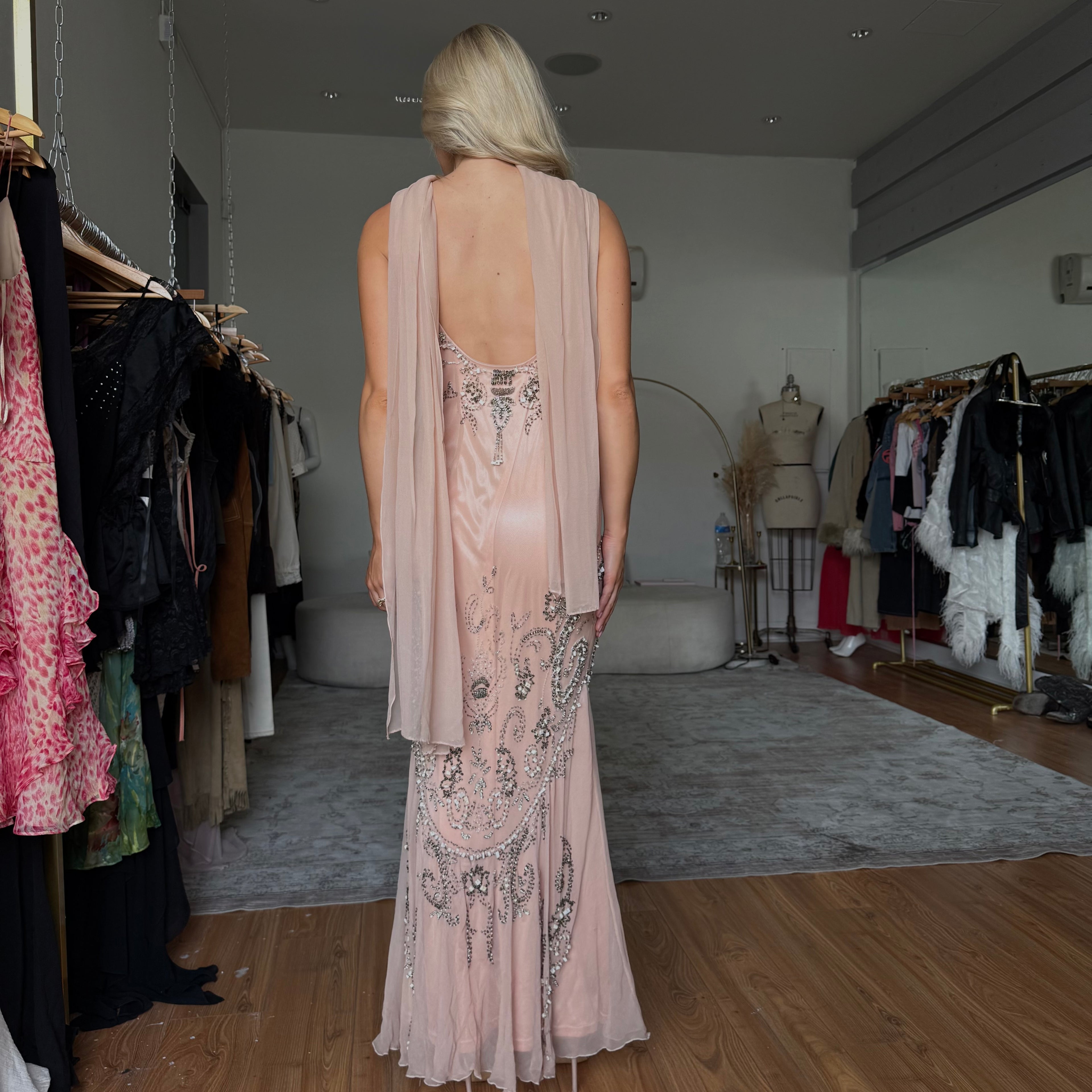 Silk beaded dress with scarf